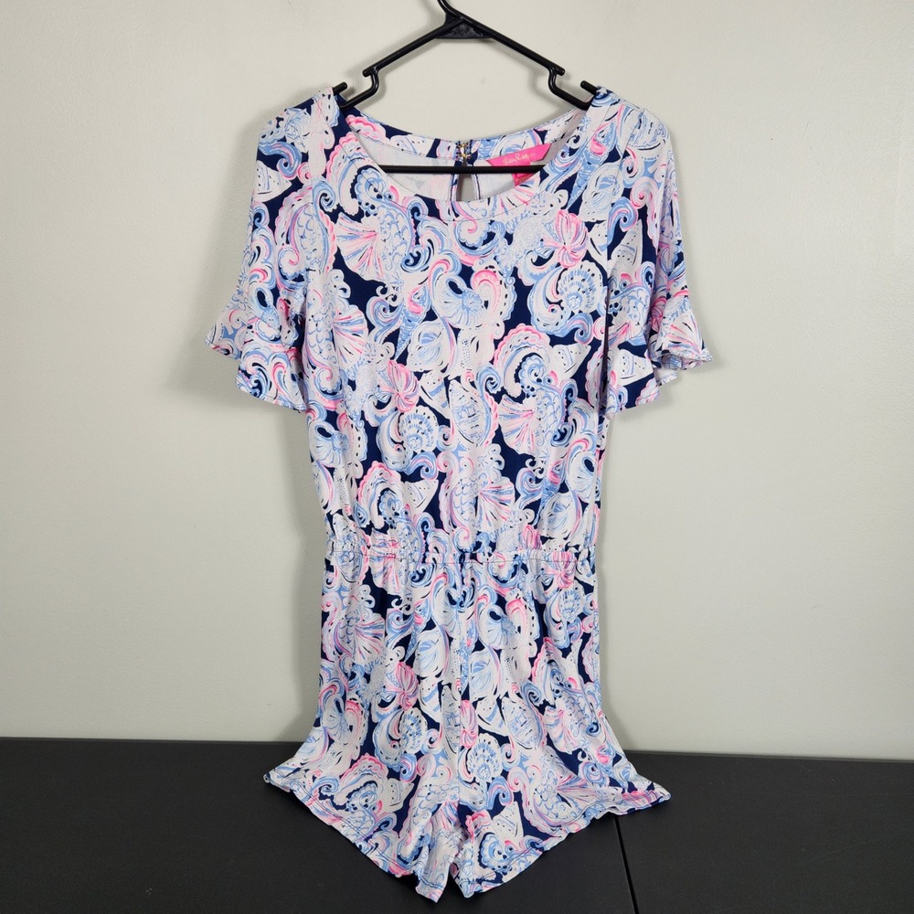 Lilly Pulitzer Women Small Blue Pink Shell Paisley Romper Flutter Sleeve Coastal